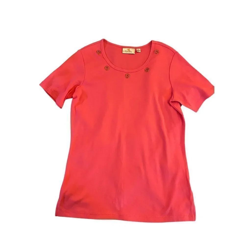 NWOT Quacker Factory Pink Round Neck Crystal Detail Tee Shirt Size XS